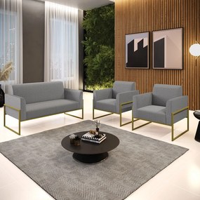 Sofá Namoradeira com 2 Poltronas Base Industrial Alta Dourado Marisa Linho Grafite A26