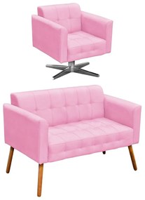 Kit 01 Namoradeira e 01 Poltrona Giratória Elisa Suede Base Estrela Cromada D'Rossi - Rosa Bebê