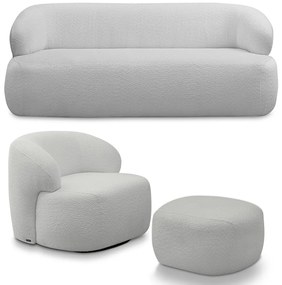 Conjunto Sala de Estar Decorativo Charlote 1 Poltrona Namoradeira 150cm 1 Poltrona Base Giratória em Aço com Puff Bouclê Cinza G88 - Gran Belo