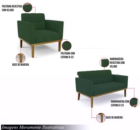 Conjunto 2 Poltronas e 1 Namoradeira Decorativa Karen Pés Fixo em Madeira Castanho Veludo Verde Esmeralda G19 - Gran Belo