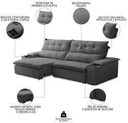 Sofá Retrátil 3 Lugares com Porta Copo 230cm Malta F05 Veludo Grafite