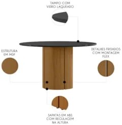 Mesa de Jantar Redonda 135cm 6 Lugares Flex Zuni Ypê/Preto N02 - Mpoze