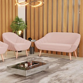 Kit 01 Namoradeira 02 Lugares e 01 Poltrona Giovana Veludo Pés Palito Natural D03 - D'Rossi - Rose