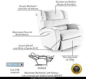 Poltrona do Papai Sala de Cinema Reclinável Kylie Elétrica Botão com Led USB PU Branco G23
