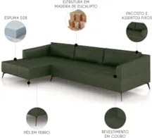 Sofá 4 Lugares 286cm Com Chaise Esquerdo Eko Couro Verde Z55 - Mpozena