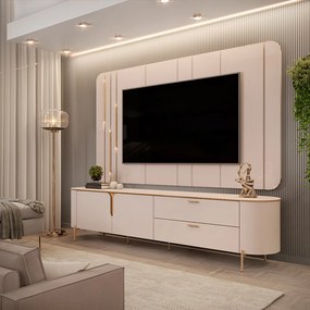 Painel com Bancada Celine Pés Metalicos em Dourado 241cm com LED Off White G18 - DJ Móveis