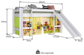 Cama Infantil Elevada com Escorregador Cortina Escolinha