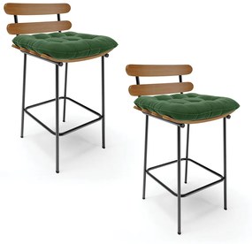 Kit 02 Banquetas Costela Suede Verde Base Metálica Preto - D'Rossi