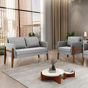 Kit 1 Sofá Namoradeira e 1 Poltrona Lana Suede Cinza Base de Madeira - D'Rossi