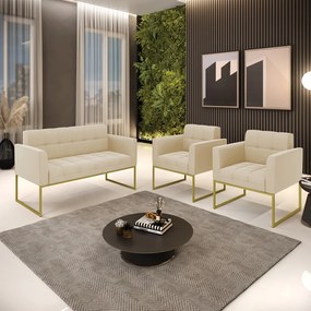Kit 1 Sofá Namoradeira e 2 Poltronas Elisa Suede Base Metálica Industrial Dourado - D'Rossi - Bege