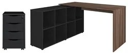 Mesa Escrivaninha em L Eron e Gaveteiro com Rodízios Mity A06 Ipê/Pret