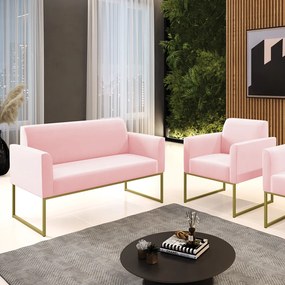 Sofá Namoradeira com Poltrona Base Industrial Dourado Marisa Suede Rosa Bebê D03 - D'Rossi