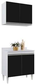 Kit Armário Aéreo e Balcão de Cozinha Lavanderia com Tampo 02 Portas Loren 80 cm L06 - D'Rossi - Branco e Preto