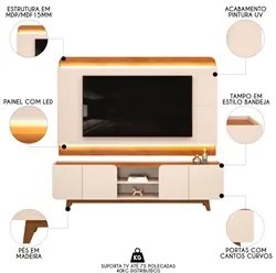 Painel Para TV 75 Pol e Rack Bancada Com LED 220cm Collie D04 Off Whit