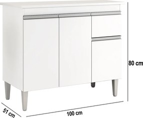 Balcão Cozinha com Tampo 100cm 3 Portas Taylla A01 - D'Rossi - Branco