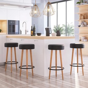 Banqueta Alta para Cozinha Base Madeira Kit 4 Dani Sintético PU Preto - D'Rossi