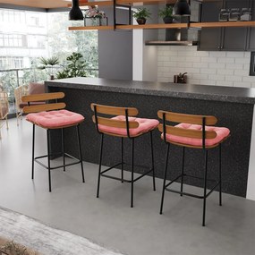 Kit 02 Banquetas Costela Suede Base Metálica Preto - D'Rossi - Rose