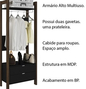 Armário Alto Closet para Escritório Home Office AZ1011 MDP Preto/Nogal G69 - Gran Belo