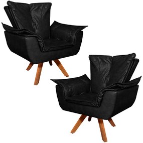 Kit 2 Poltronas Decorativas Base Giratória em Madeira Charger PU Preto G19 - Gran Belo