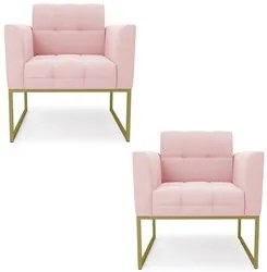 Poltrona Base Industrial Dourado Kit 2 Ana Suede Rosa Bebê - Ibiza