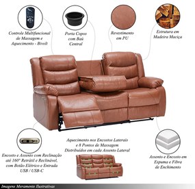 Conjunto Poltronas 2 e 3 Lugares Elétricas Sala de Cinema Hollywood com Massagem Aquecimento Entrada USB/USB-C PU Caramelo G94 - Gran Belo