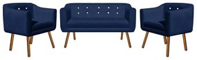 Kit 01 Namoradeira 02 Lugares e 02 Poltronas Julia Suede Azul Marinho com Strass Pés Palito Castanho D'Rossi