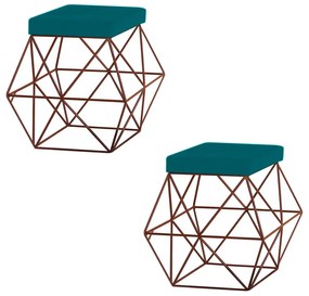 Kit 2 Puffs Decorativo Sala de Estar Base Bronze Trixie Suede Azul Turquesa G41 - Gran Belo