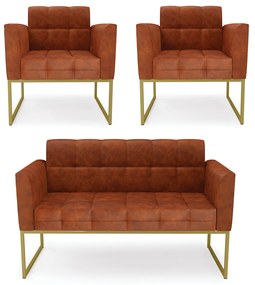 Kit 1 Sofá Namoradeira e 2 Poltronas Elisa Corano Nozes Base Metálica Industrial Dourado - D'Rossi
