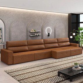 Sofá Retrátil 6 Lugares 364cm 4 Módulos Nero Couro Caramelo Manchado G52 - Gran Belo