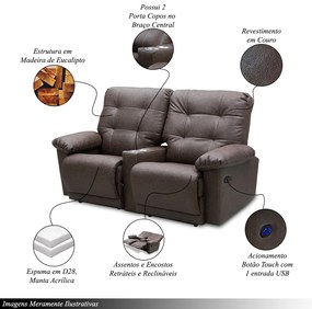 Poltrona Sala de Cinema Reclinável Retrátil Elétrica 193cm com Porta Copos USB Visalia Couro Tabaco Manchado G93 - Gran Belo
