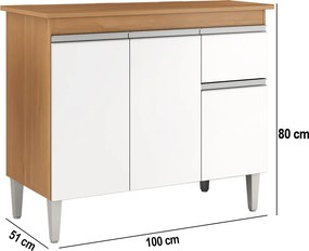 Balcão Cozinha com Tampo 100cm 3 Portas Taylla A01 - D'Rossi - Amendoa e Branco