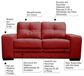 Sofá 2 Lugares Sala de Estar Milano 170cm Couro Vermelho G58 - Gran Belo