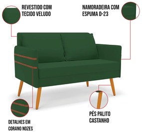 Kit 01 Namoradeira 02 Lugares e 02 Poltronas Mari Veludo Base de Madeira MA30 - D'Rossi - Verde