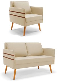 Kit 01 Namoradeira 02 Lugares e 01 Poltrona Mari Suede Bege Pés Palito Castanho - D'Rossi