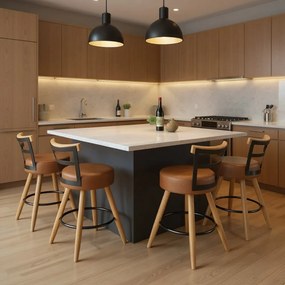 Banqueta Baixa Cozinha 50cm Encosto Pé Madeira Kit 4 Kyara Pu S02 - D'Rossi - Caramelo