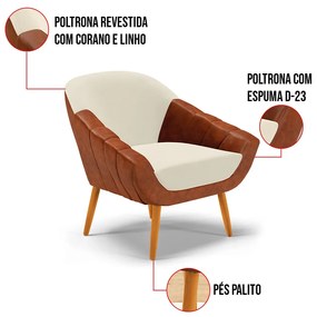 Poltrona Giovana Corano Nozes com Linho Grosso Bege A19 Pés Palito Castanho D03 - D'Rossi