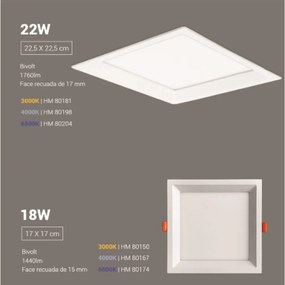 Embutido Quadrado Recuado 17X17Cm Led 18W 4000K Bivolt - Branco / Down...