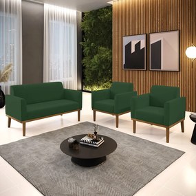 Conjunto 2 Poltronas e 1 Namoradeira Decorativa Isabella Pés Fixo em Madeira Castanho Veludo Verde Esmeralda G19 - Gran Belo