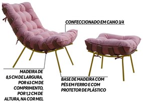 Conjunto Decorativo Poltrona e Puff Abel Base de Madeira Dourada Suede Rosa G41 - Gran Belo