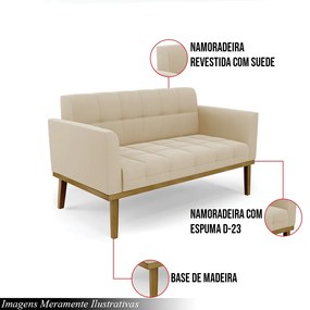 Poltrona Namoradeira Decorativa Karen Pés Fixo em Madeira Castanho Suede Bege G19 - Gran Belo