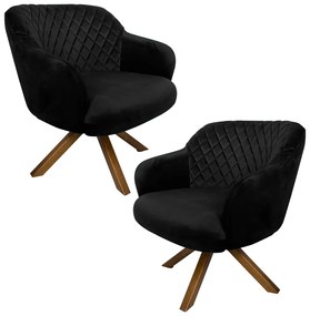 Kit 2 Poltronas Decorativas Kitana Pés Madeira Giratório Veludo Preto G15 - Gran Belo