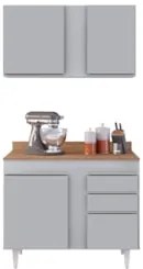 Armário Cozinha e Balcão Com Tampo 100cm Luziania Cinza Claro/Castanho