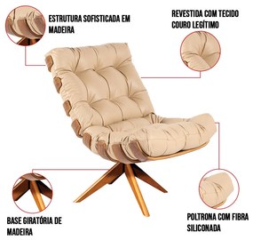 Poltrona Giratória Costela Couro Bege Base de Madeira MA30 M11 - D'Rossi