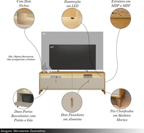 Rack Bancada Duarte com LED Pés em Madeira 182cm TV Até 60 Polegadas Tauari/OffWhite  G77 - Gran Belo