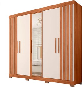 Guarda Roupa Alana Casal com 5 Portas de bater com Espelho 2 Gavetas MDP Freijo/OffWhite G11- Gran Belo