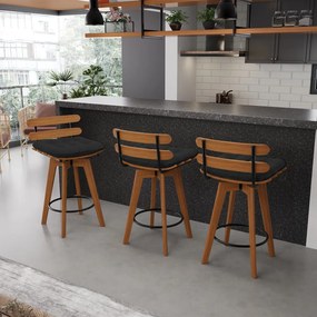 kit 02 Banquetas Giratória Costela Veludo Preto Base Madeira MA70 - DRossi