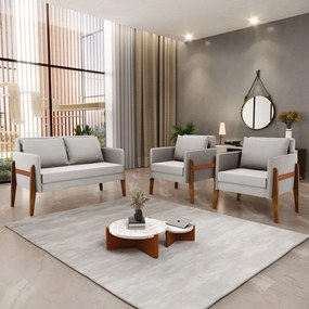Kit 1 Sofá Namoradeira e 2 Poltronas Lana Veludo Cinza Base de Madeira - D'Rossi