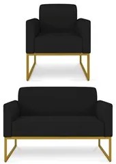 Kit Namoradeira e 1 Poltrona Decorativa Base Industrial Dourada Maress