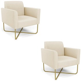 Kit 2 Poltronas Base X Industrial Dourado Marisa Linho D03 - D'Rossi - A19 Bege