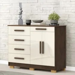 Cômoda Quarto Sapateira 2 Portas 4 Gavetas Lírio Imbuia/Champanhe V02